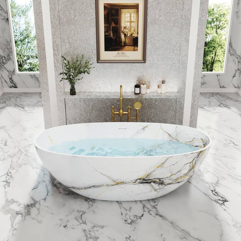 65 in. x 30 in. Solid Surface Freestanding Soaking Bathtub in Matte White with Kunshan Snowflake Marble Pattern, Center Drain