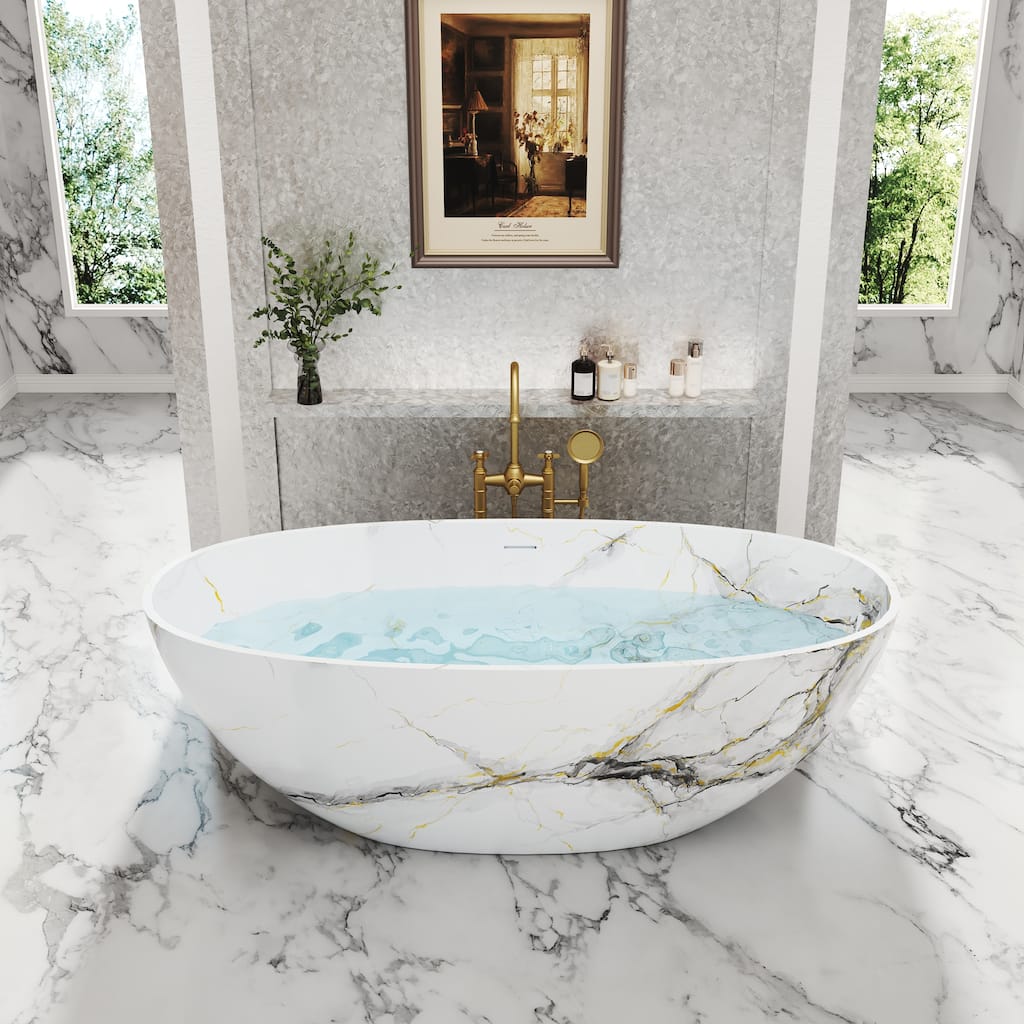 65 in. x 30 in. Solid Surface Freestanding Soaking Bathtub in Matte White with Kunshan Snowflake Marble Pattern, Center Drain
