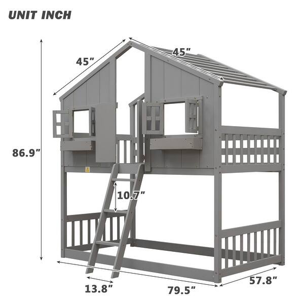 dimension image slide 1 of 2, Twin Over Twin House Bunk Bed with Roof, Windows, and Ladder, Grey