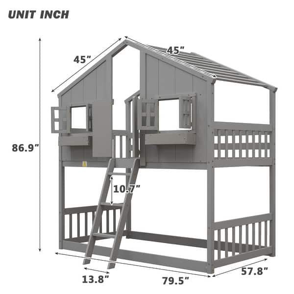 dimension image slide 0 of 4, Twin Pine House Bunk Bed with Roof and Ladder