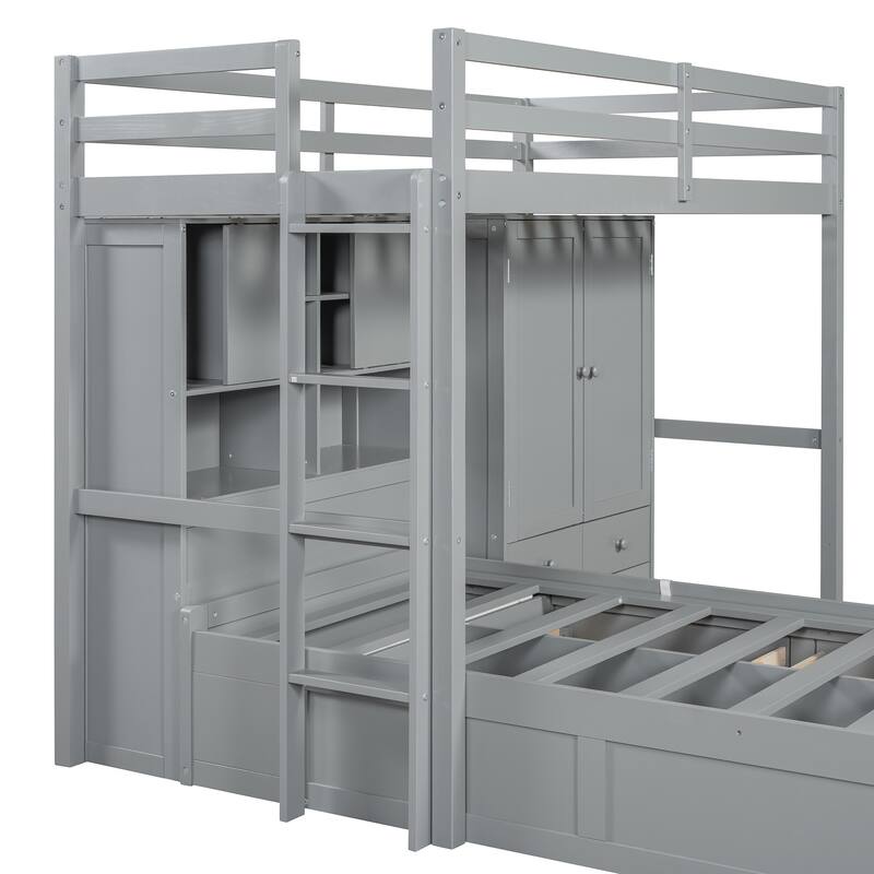 Twin Bunk Bed with Wardrobe, 6 Drawers Hydraulic Storage and MDF+LVL, 600lb Capacity, Space-Saving Design
