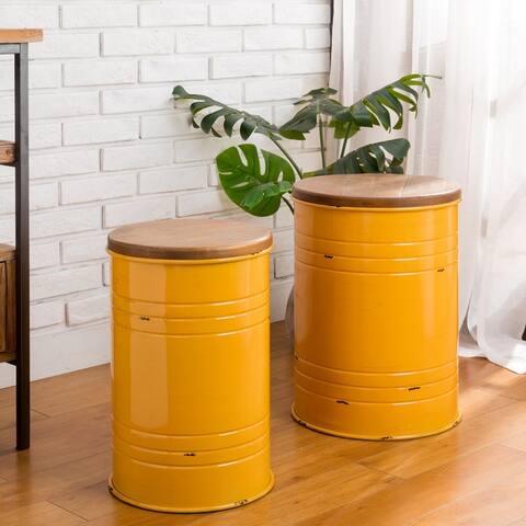 Glitzhome Industrial Farmhouse Round Storage End Tables (Set of 2)