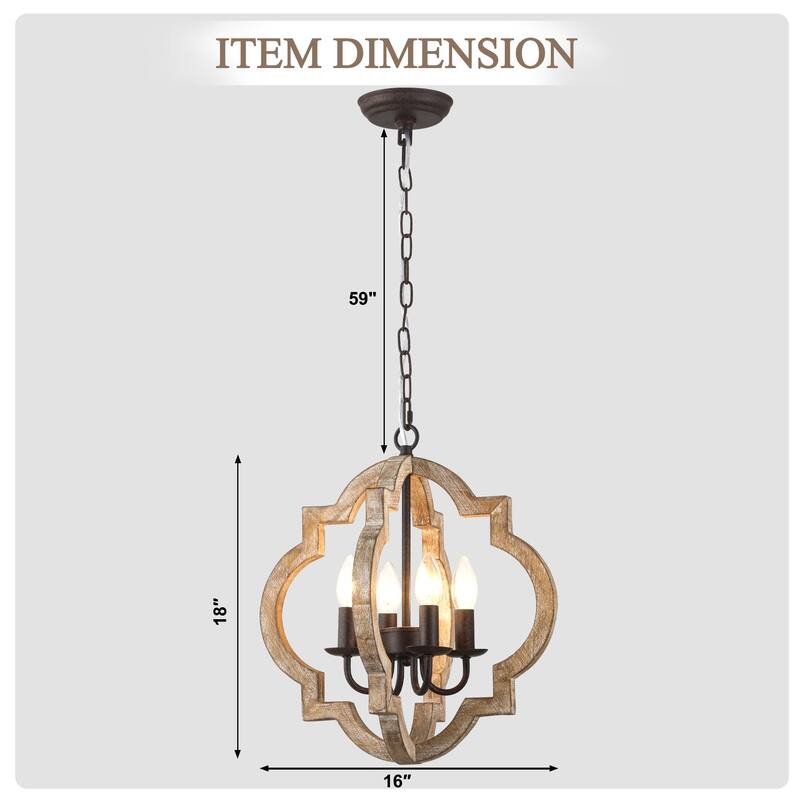 Cusp Barn 4-Light Wood Farmhouse Chandelier, Rustic Dining Room Light Fixture Over Table, Vintage Hanging Pendant Light