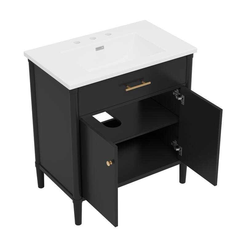 31 Inch Bathroom Vanity with Sink Soft Close Doors Adjustable Shelf Rubber Wood Legs, Curved Profile Design