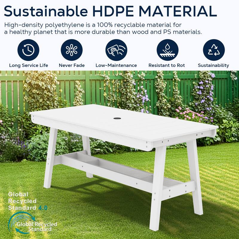67.91in HDPE Rectangular Patio Dining Table with Umbrella Hole for 4 to 6 People - N/A