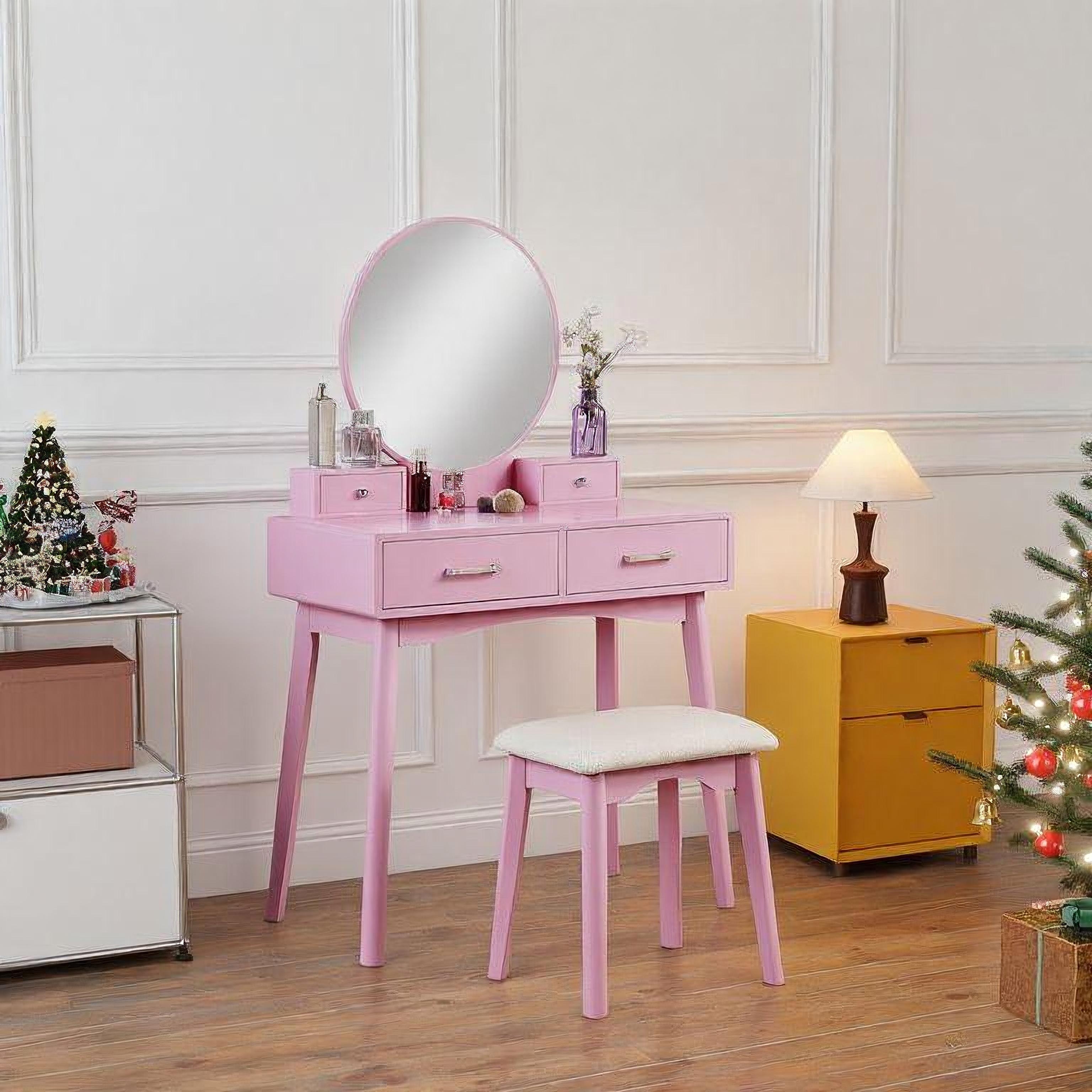 Contemporary Wood Vanity and Stool Set