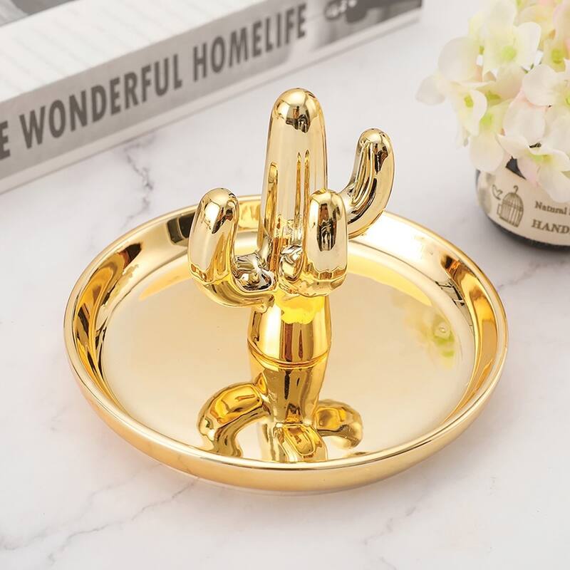 Curata Gold-Tone Standing Cactus Ceramic Ring Holder