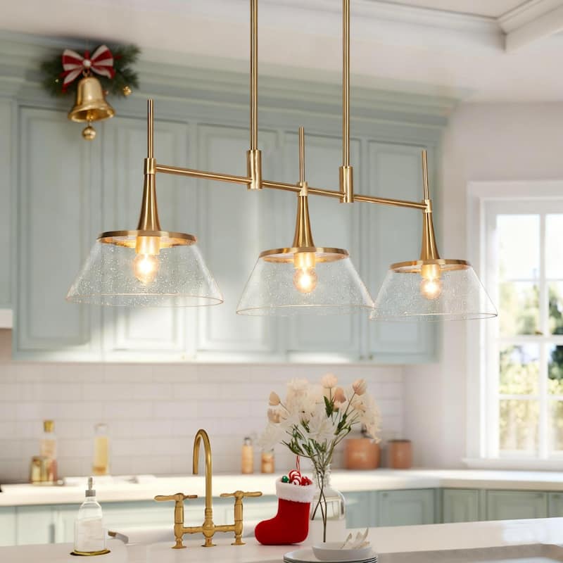 Mola Modern Gold 3-Light Chandelier Seeded Glass Pendant for Kitchen Island Dining Room
