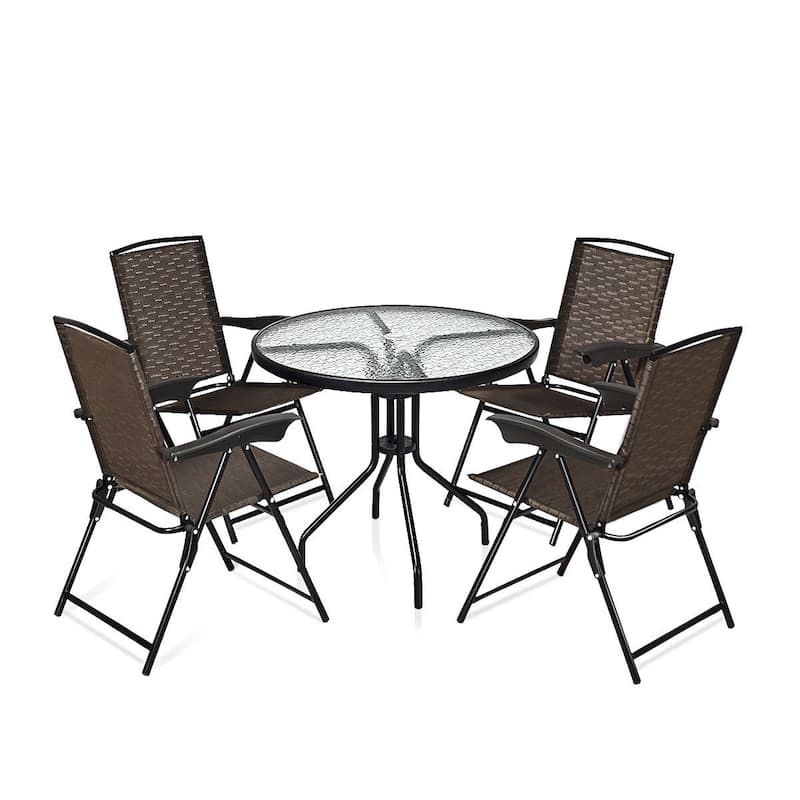 Costway 5PC Bistro Outdoor Patio Furniture Set Glass Table W/4 Folding - 5PC set