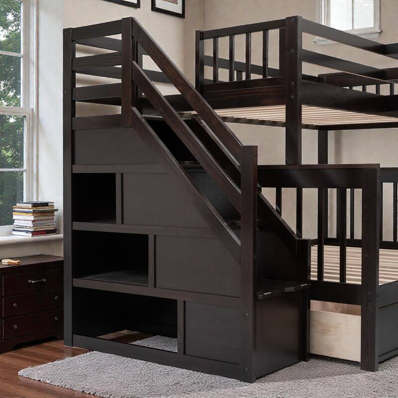Twin Twin Over Full L-Shaped Bunk Bed with Drawers, Wardrobe and Retractable Desk, Pine Wood Frame