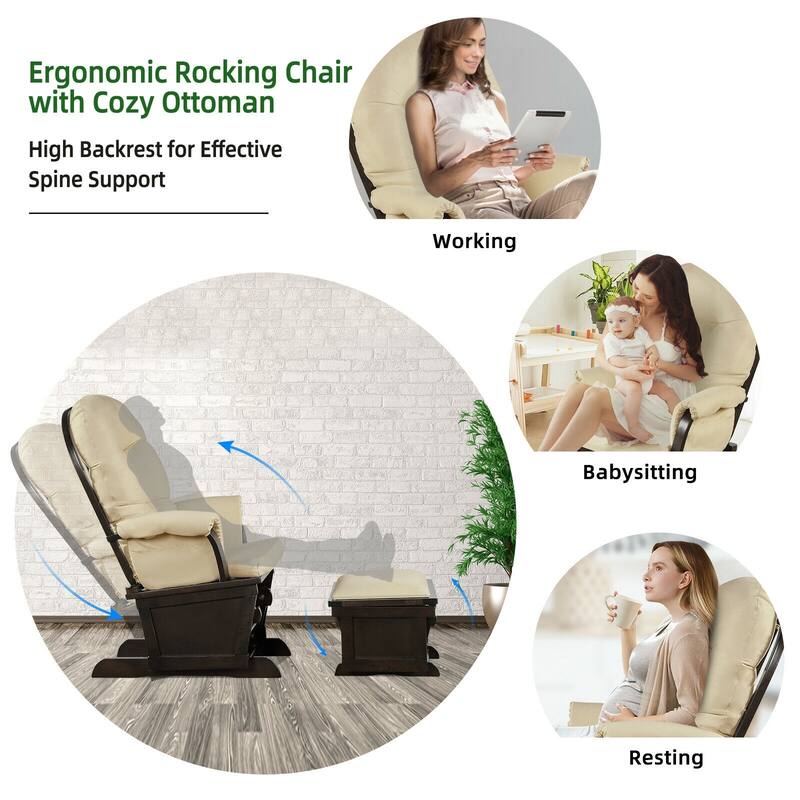 Wood Baby Glider and Ottoman Cushion Set with Padded Armrests for Nursing - 29.5" x 26" x 40"
