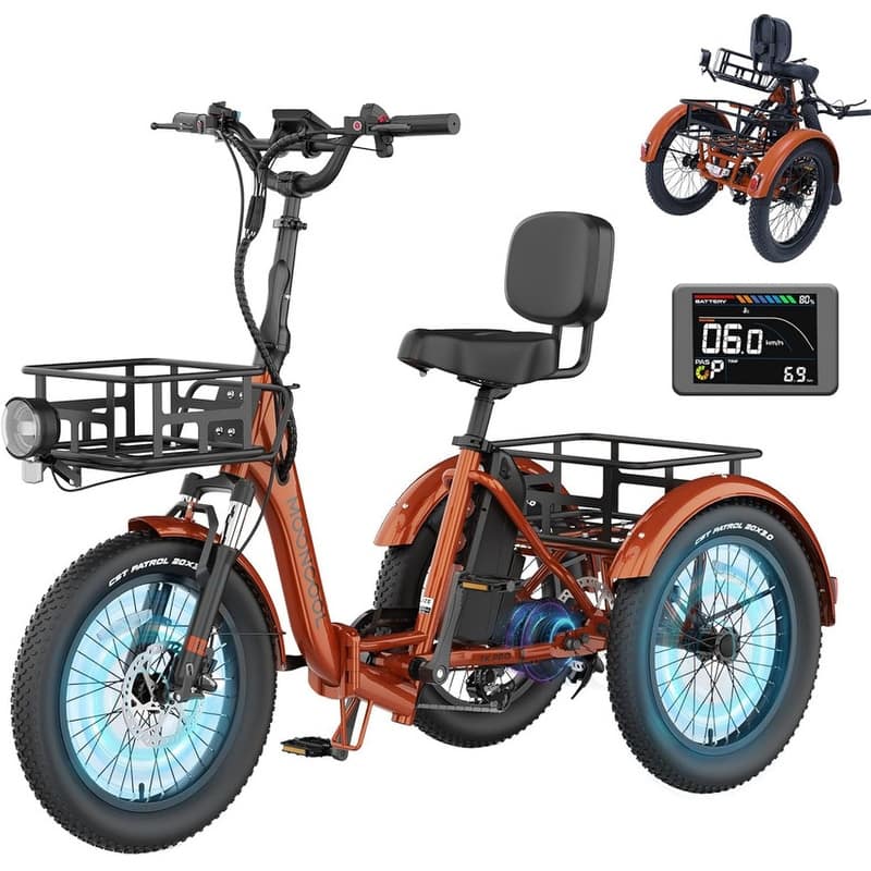 Folding Electric Tricycle for Adults, w/ Basket and Removable Battery - Deep Amber