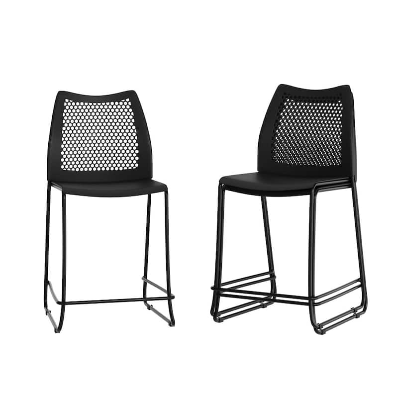 3 Pack Stackable Sled Base Counterstool with Vented Back and Integrated Footrest - 19.75"W x 22"D x 37.5"H - Black Plastic/Black Frame