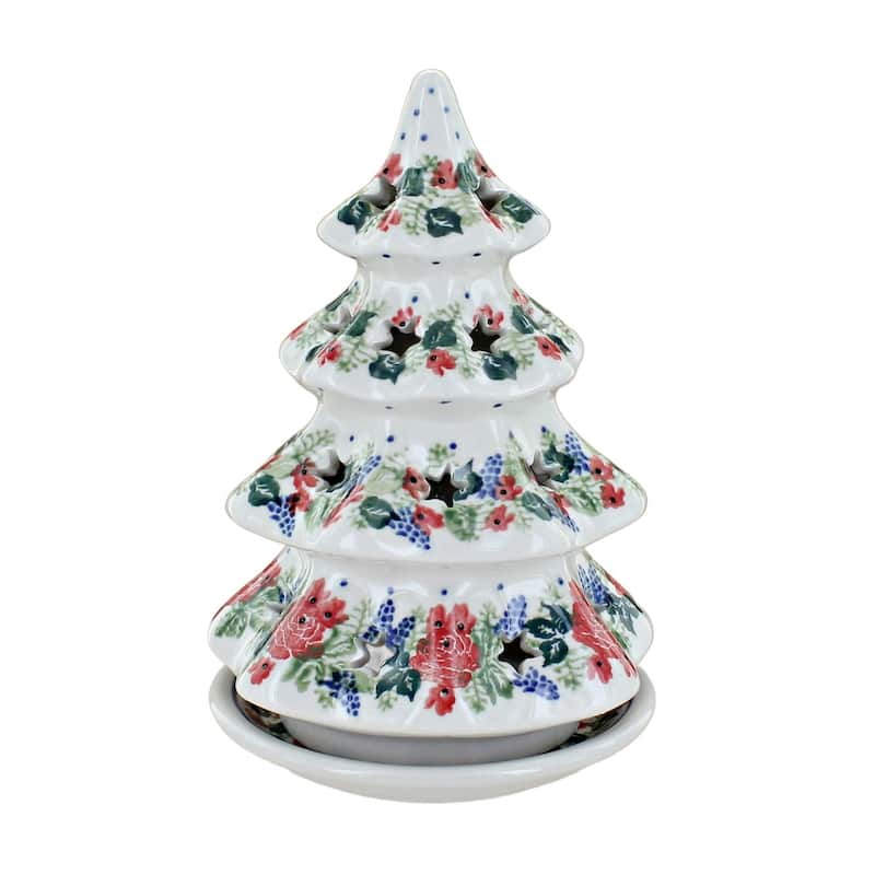 Blue Rose Polish Pottery 513 Ceramika Artystyczna Medium Christmas Tree Luminary - Winter Floral