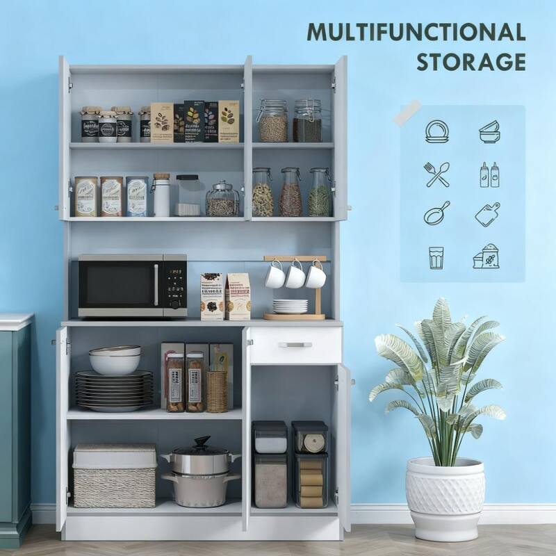 71" Kitchen Pantry Cabinet, Large Pantry Storage Cabinet with Microwave Stand, Wood Hutch Food Pantry with Open Countertop