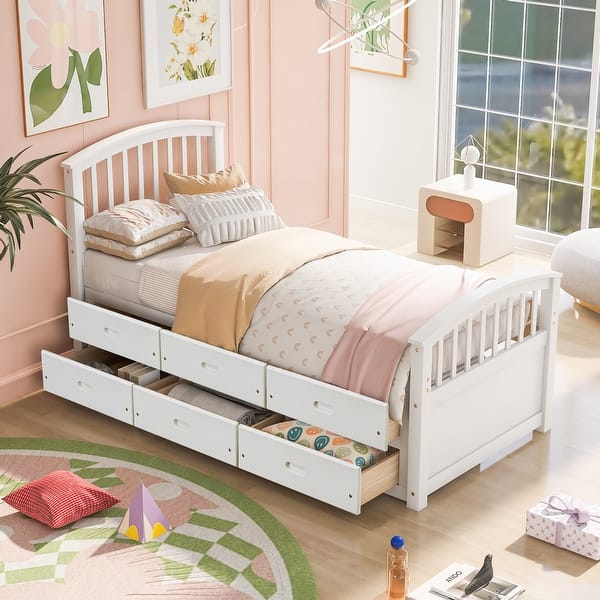 slide 2 of 18, Twin Size Low Loft Bed Storage Bed Solid Wood Bed with 6 Drawers,Paint Surface,Environmentally Friendly Materials,White White