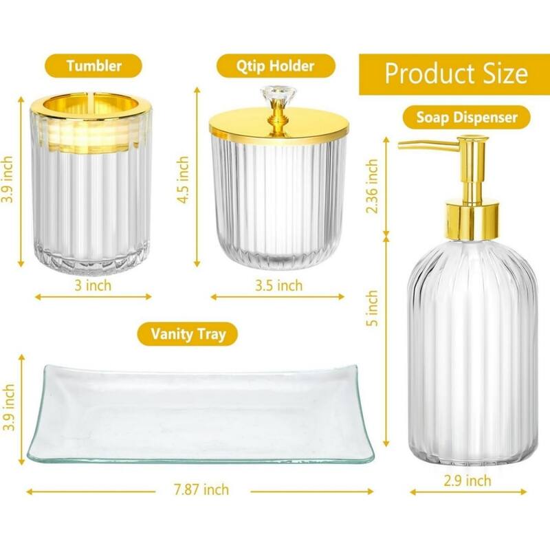 4-piece bathroom accessories set with soap dispenser, toothbrush holder, medicine bottle, tray