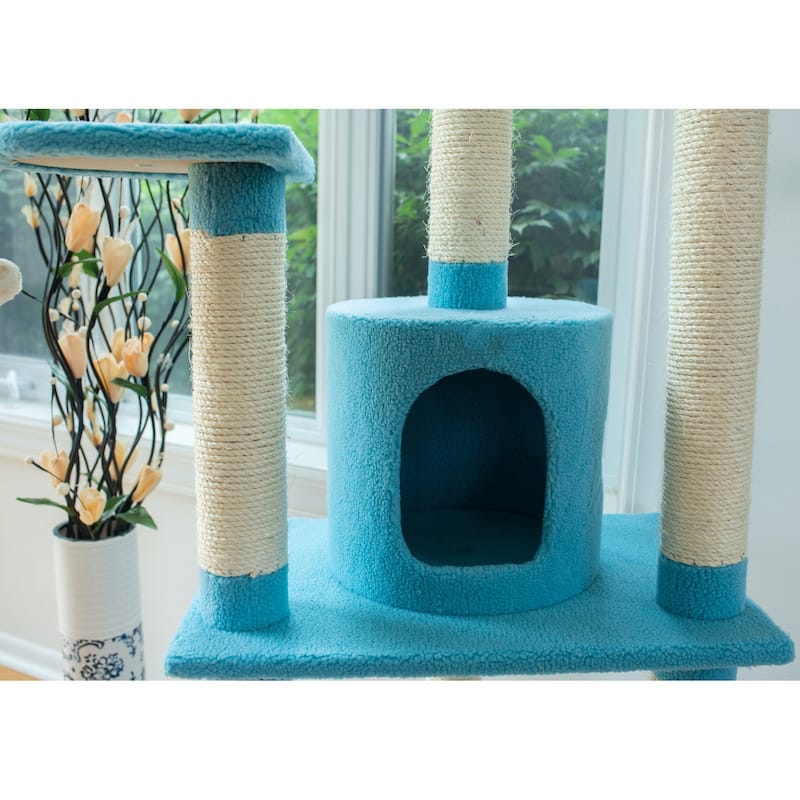 Classic Real Wood Cat Tree In Sky Blue,Five Levels With Perch, Condo
