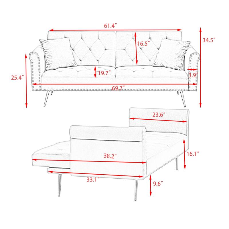 69.7" Velvet Sofa Bed with Nailhead Trim & Pillow - Modern 2-Seater Sleeper