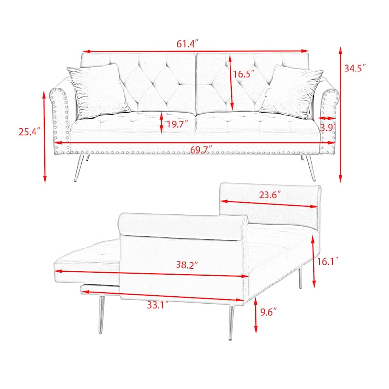 A 69.7-inch-long sofa bed covered in beige velvet fabric, featuring nail head trim and accompanied by a matching throw pillow