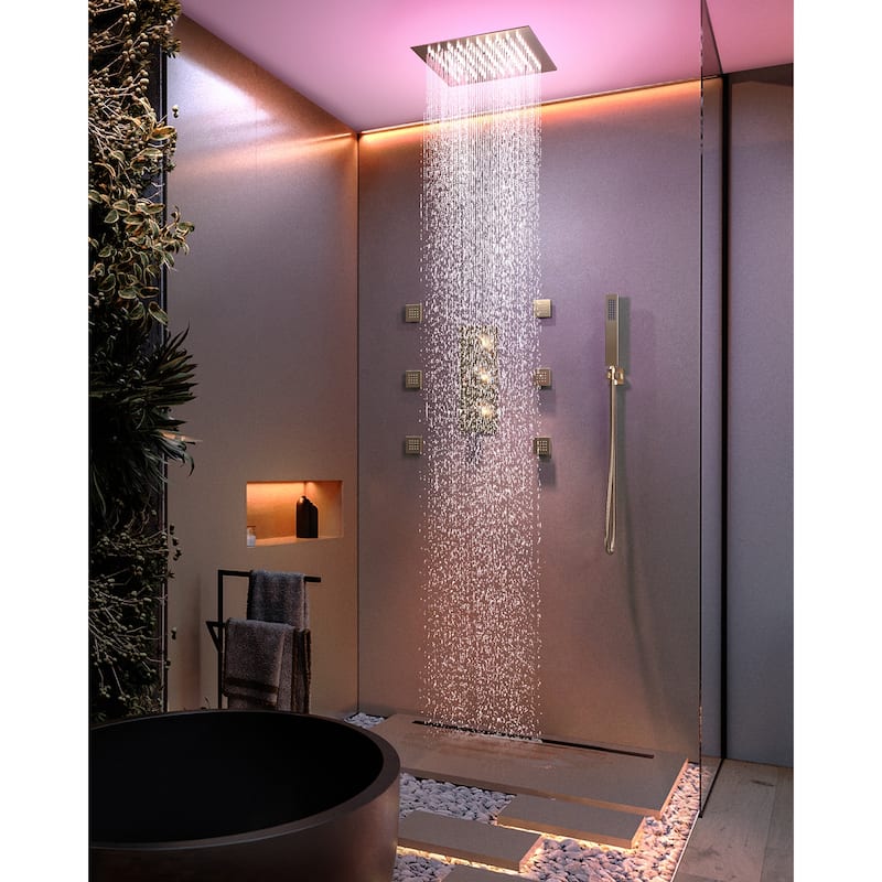 GRANDJOY Shower System 12 inch Ceiling Mount Rainfall Shower Head Body Jets Handheld Spray Combo 64 Colors LED