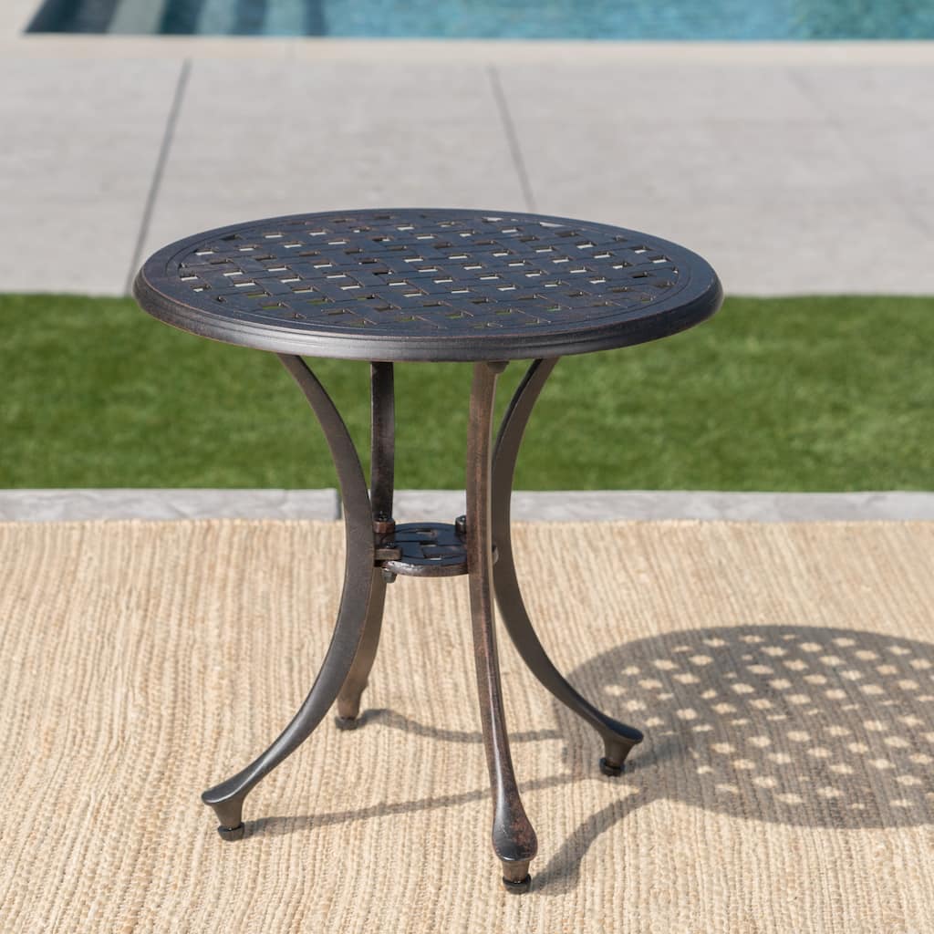 Roomfitters Outdoor 18" Cast Aluminum Side Table with Lattice Top, Patio Accent Table, Bronze