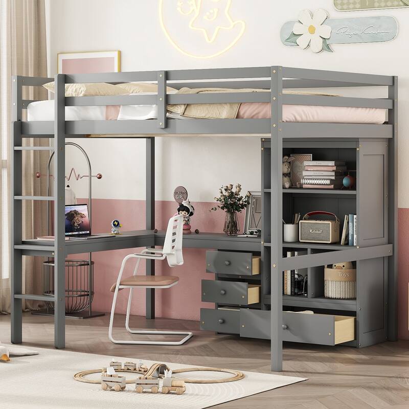 Full Size High Loft Bed with Underbed Bookcase L-shape Desk Storage Shelves Drawers Loft Wood Bed Frame with Ladder Guardrails