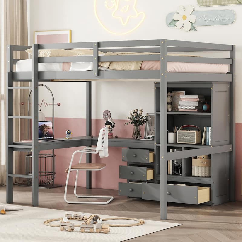 Full Size Loft Wood Bed with Desk, Storage Shelves, Drawers, and Built-in Ladder, Grey - Grey