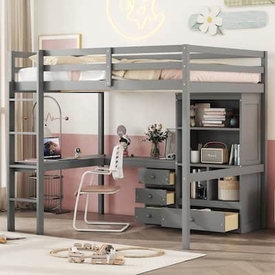 Grey Full Size Wood Loft Bed with Desk, Shelves, and Guardrails