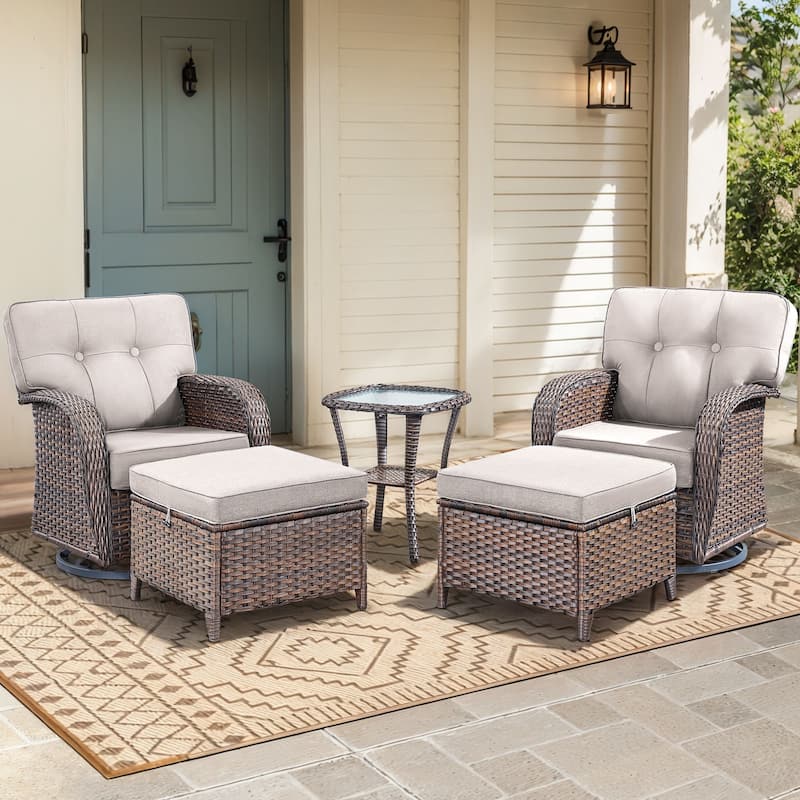 5 Pieces Pocassy Swivel Chair Table with Ottomans - Brown Wicker & Beige Cushion