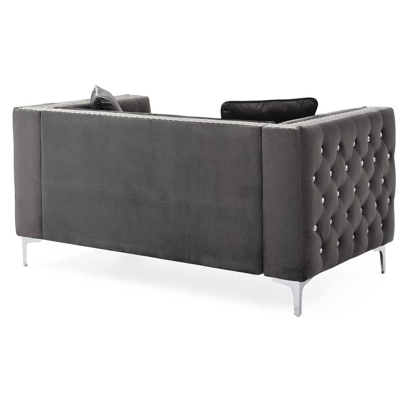 Button Tufted 3-Seater Velvet Sofa with Throw Pillows - 86" - Gray