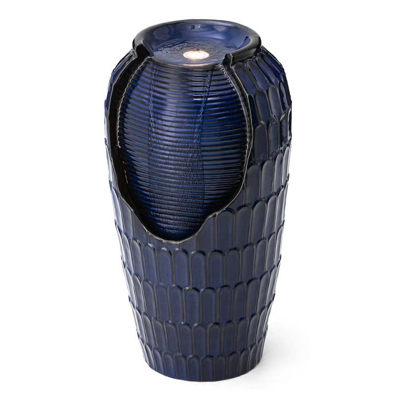 Glitzhome 28"H Oversized Petals Textured Ceramic Jar Outdoor Waterfall Fountain