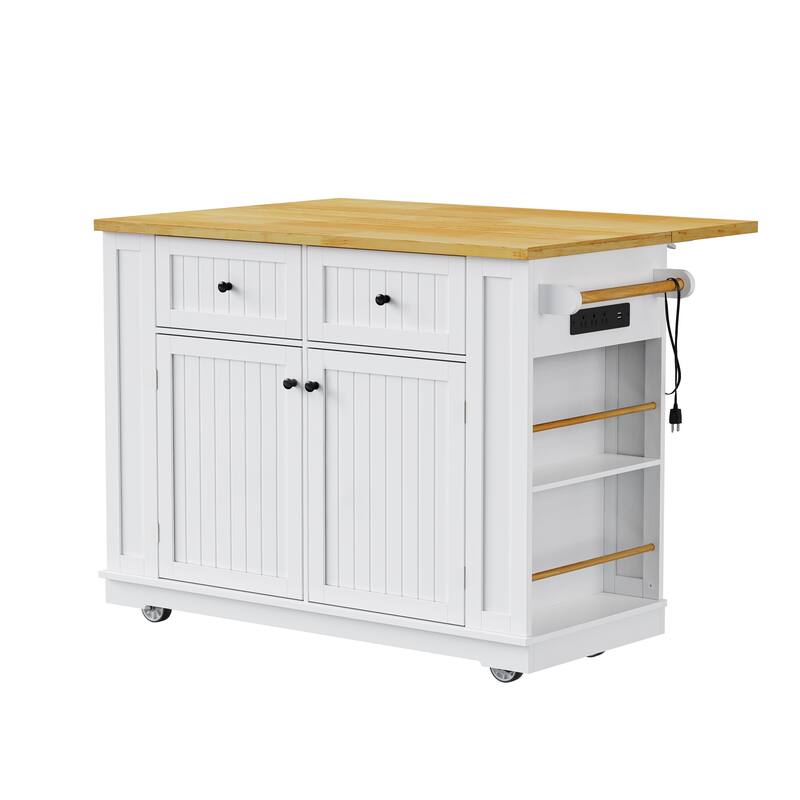 Modern Large Kitchen Island with 2 Drawers, Interior Storage Shelves and 5 Open Side Shelves, for Kitchen (Stools Not Included)