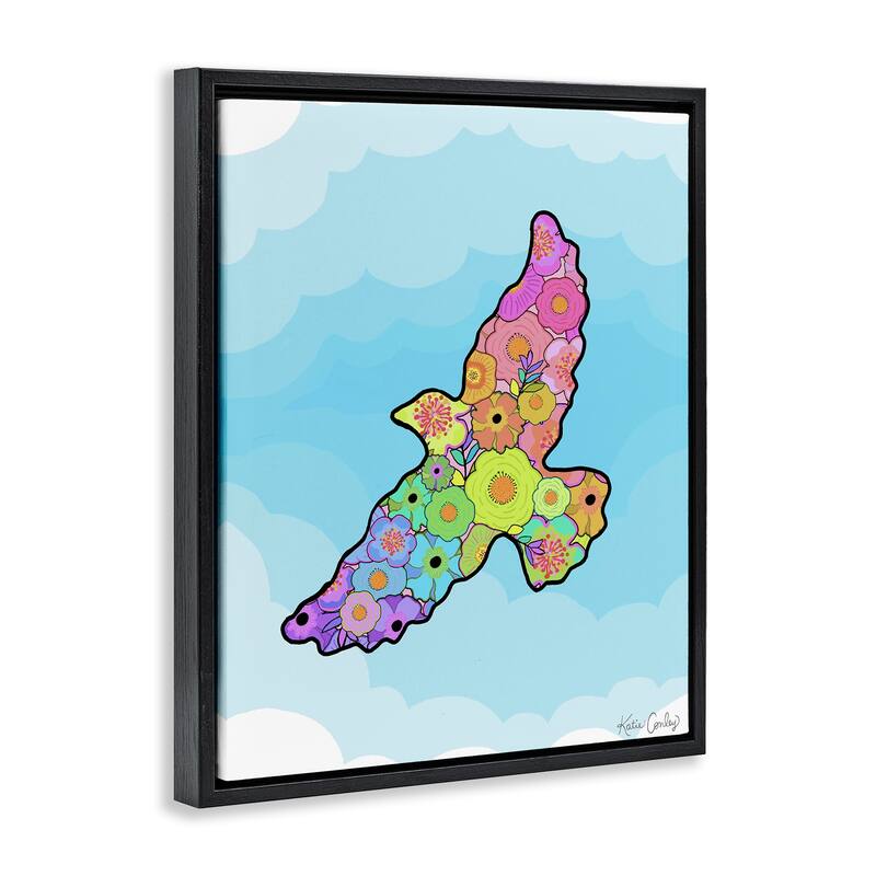 Stupell Bright Floral Bird Outline Framed Floater Canvas Wall Art Design By Katie Conley