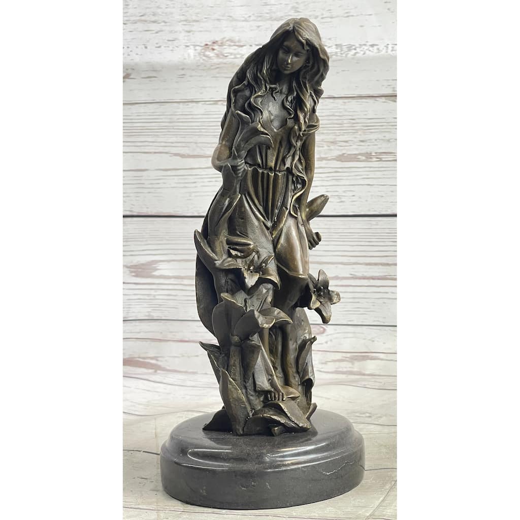 Nymph Girl Among The Flowers Bronze Sculpture Statue Figure On Marble Base