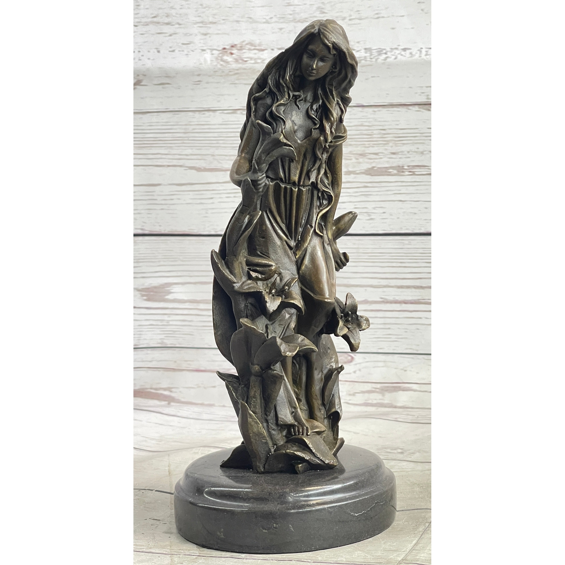 Nymph Girl Among The Flowers Bronze Sculpture Statue Figure On Marble Base