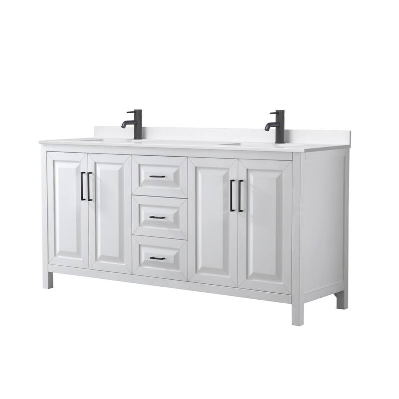 Daria 72-inch Double Vanity, Single Hole Quartz Top - White, Black Trim, White Quartz Top