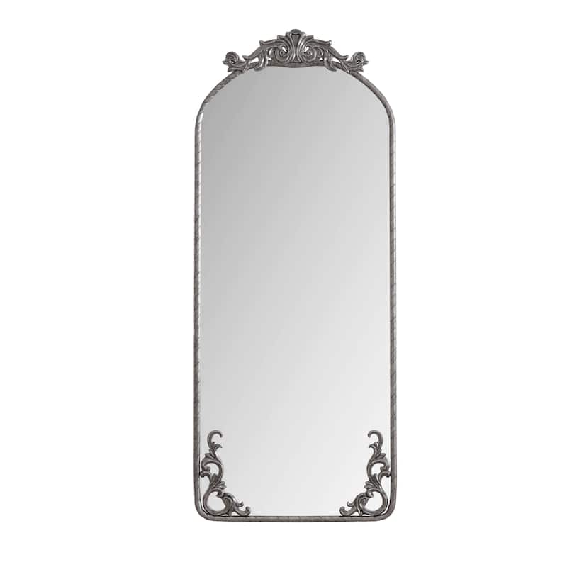 58"x24" Arched Full Body Mirror with Vintage Ornate Carved Applique on Top and Bottom, Hanging Wall Mounted Mirror