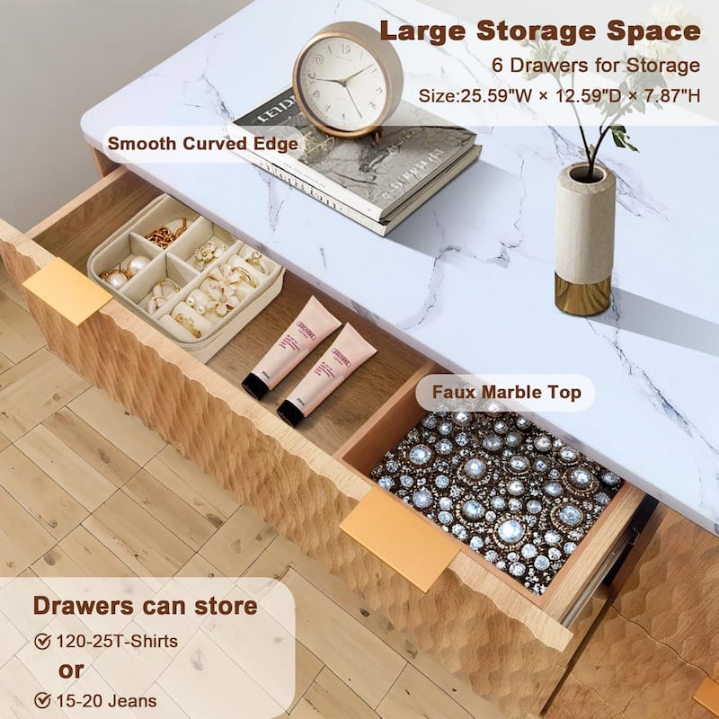Bedroom Chest of Dresser Wood, 54" Drip Pattern Six-Drawer Chest with Faux Marble Top, Wide Wood Farmhouse Dresser