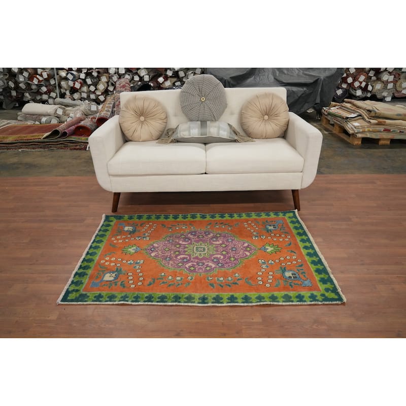 Hand Knotted Oriental 100% Wool Carpet Traditional Floral Oranges & Rust Tabriz Area Rug - 4' 10'' X 3' 1''
