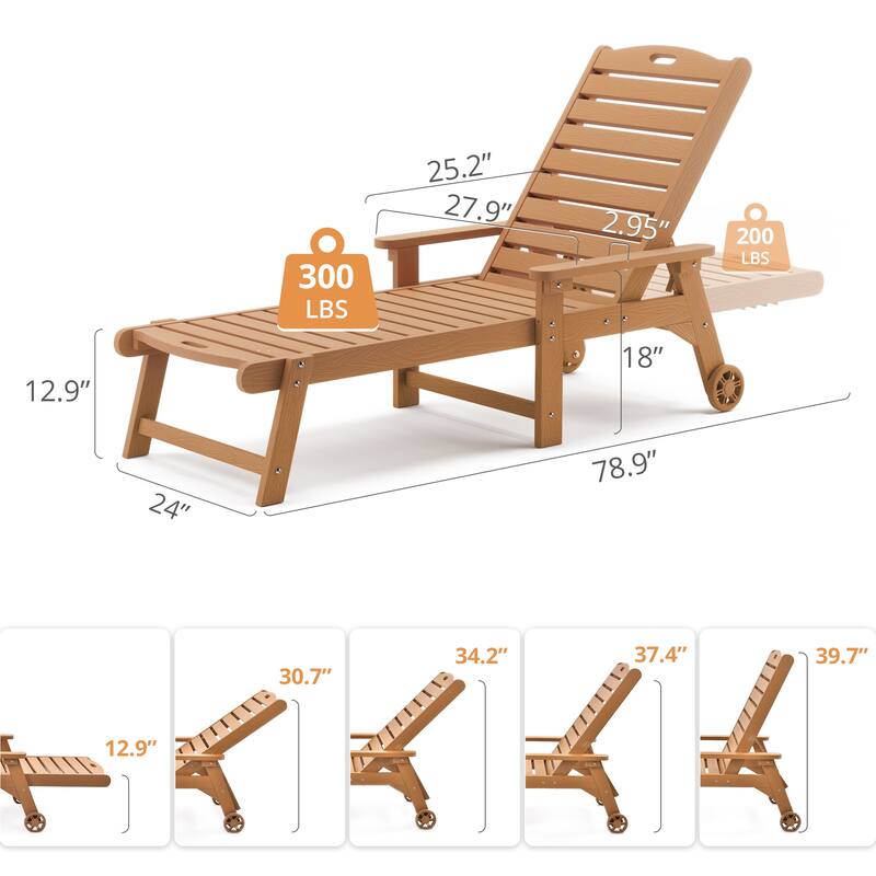 Outdoor Adjustable Wheeled Chaise Lounge Chairs with Arms for Patio, Deck, Backyard - 78.9"L x 24"W x 39.7"H