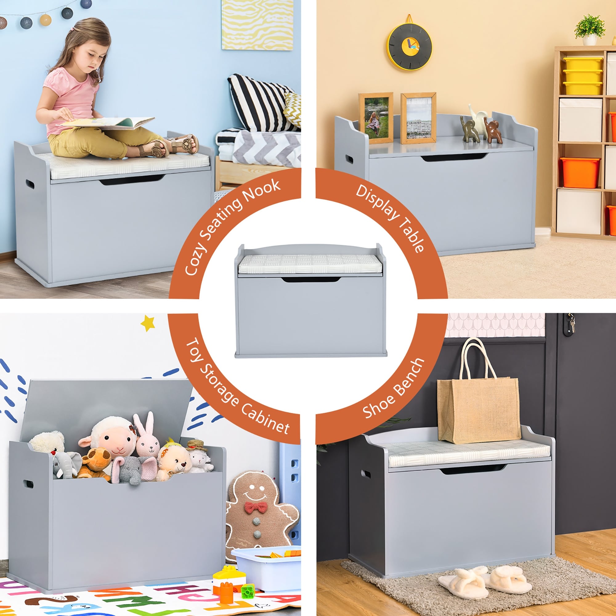 Costway Kids Toy Box Wooden Flip top Storage Chest Bench W