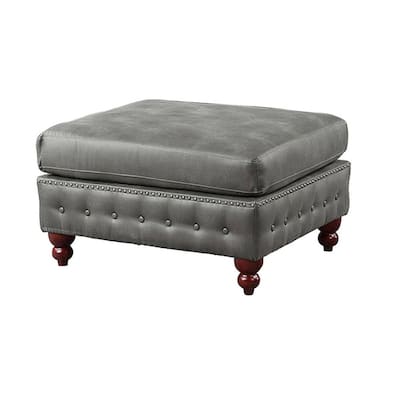 1pc Cocktail Ottoman Slate Gray Breathable Leatherette Tufted Nailhead Wooden Legs Living Room Furniture