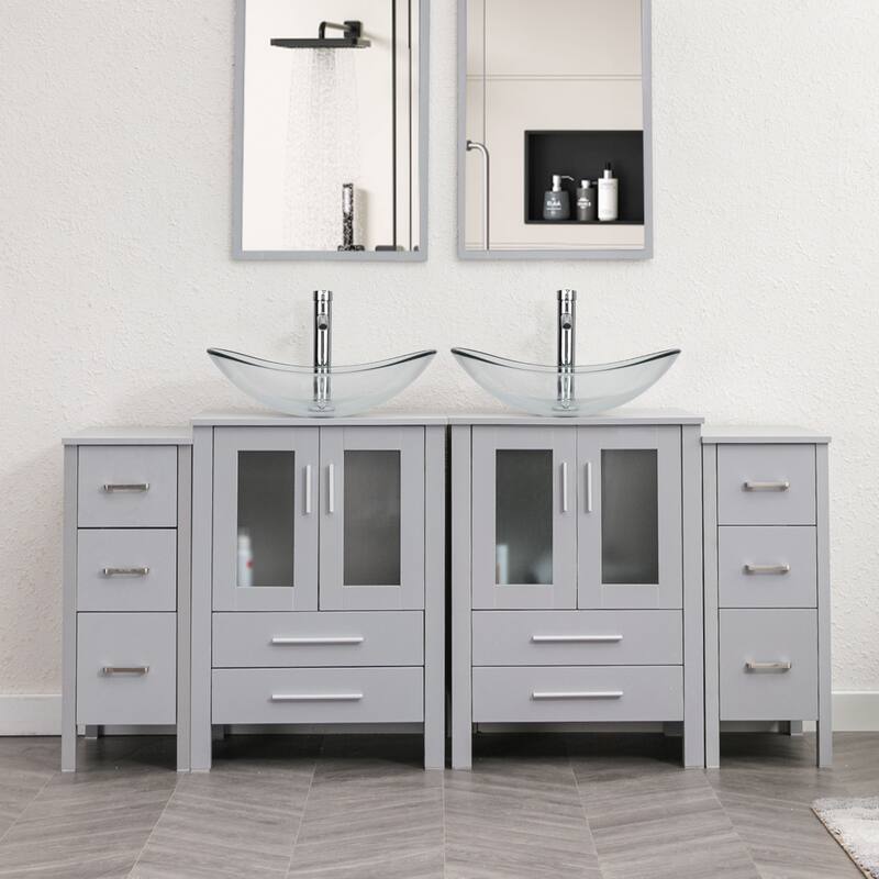 72" Bathroom Vanity Set Glass Ceramic Vessel Sink Side Cabinet Combo