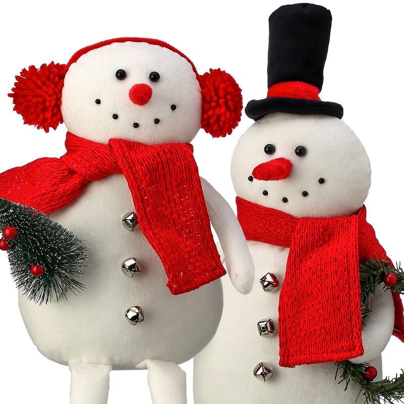 Set of 2 Sitting Snowman With Hat Earmuffs Christmas Plush Figures 20"
