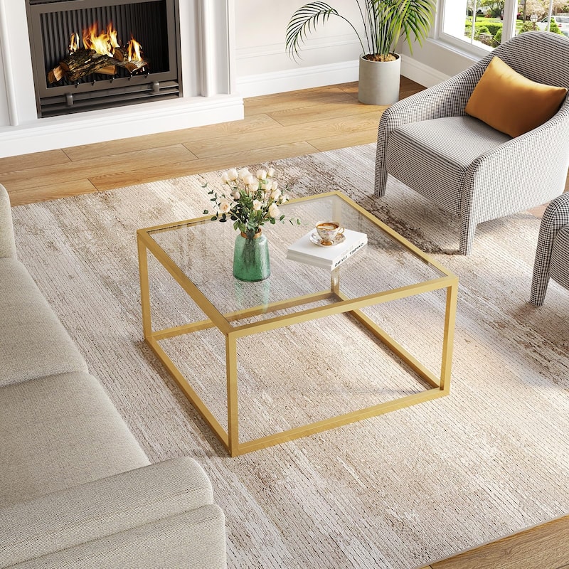 Coffee Table Glass Modern Coffee Tables for Small Space Simple Square Center Table, 26.7 x 26.7 x 15.7