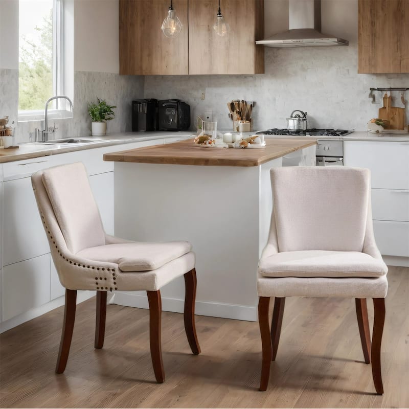 Chenille Fabric Upholstered Dining Chairs w/ Solid Wood Legs(Set of 2) - Beige