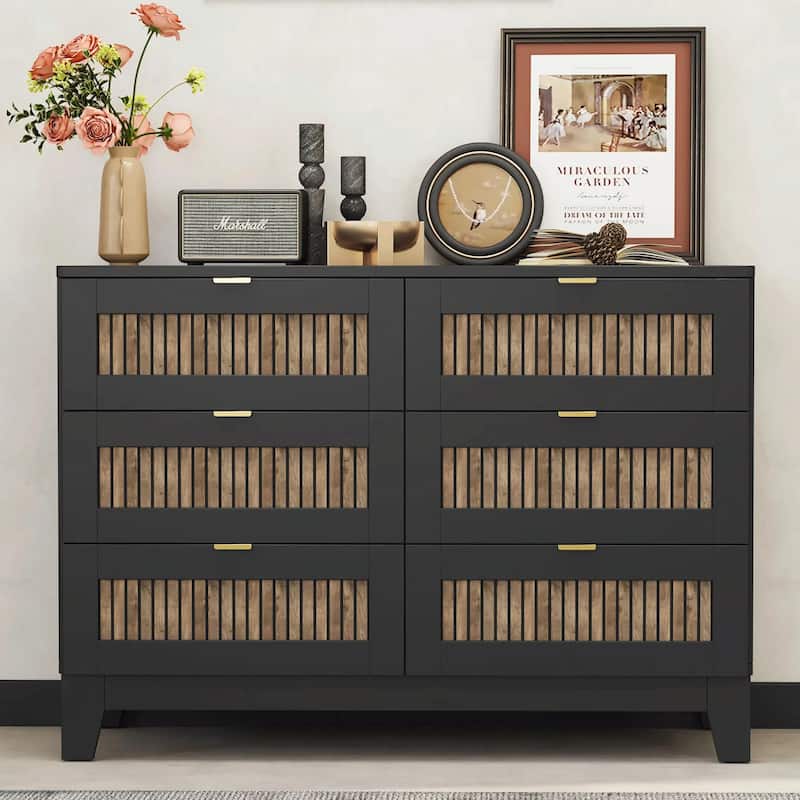 Rustic Farmhouse Style Wooden Dresser with 6 Drawers and Metal Handles