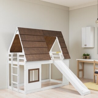 Twin Solid Wood House Bunk Bed with Roof, Slide & Ladder - Bed Bath ...