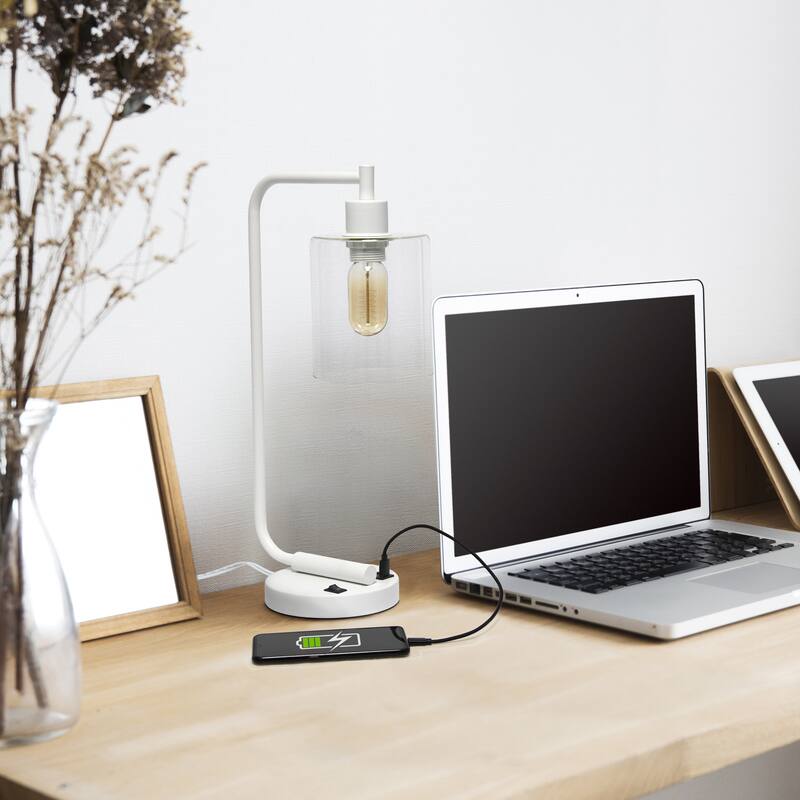 Simple Designs 18.8" Iron Lantern Desk Table Lamp with USB Port, Antique Brass, With LED Bulb
